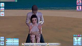 Anal sex and enema in a public beach in a hentai game