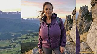 Голая мама-туристка показывает большие сиськи на публике