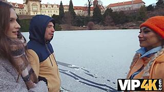 Couple innocent au bord du lac séduit pour un plan à trois sauvage