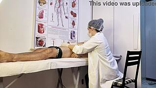 Patient hält's nicht aus und steht steif vor der Krankenschwester beim Examen!