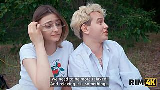 Dude, these two shy Russian teens rim each other's asses outdoors in a wild 4some camping cleanup frenzy!