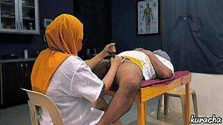 Hijab doctor strokes patient's cock