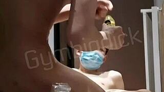 Handsome gay twink gets bareback blowjob and big dick gym action