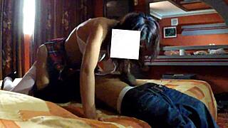 Schoolgirl gets fucked hotly in hotel with skirt on