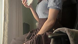 reading turned horny, busty japanese girl touches herself wild!