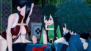 deku fucks momo and tsuyu in a hot threesome, want to see the creampie?