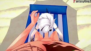 Arlecchino is fucking in a bikini on the beach in this genshin impact hentai