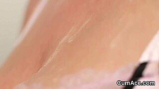 Feisty model feels the cum shot on her face while sucking all the jism