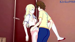 Kasumi Nomura, Olivia, and Chisato Higuchi engage in intense futanari lesbian sex. Cute outfits in Asobi Asobase hentai.