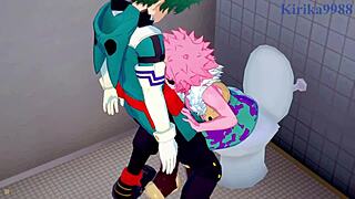 In My Hero Academia Hentai, Mina Ashido and Momo Yaoyorozu Have Intense Sex with Izuku Midoriya, Featuring Big Tits and Creampie