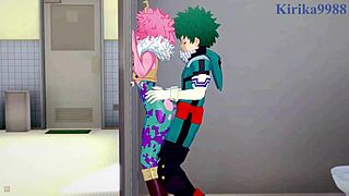 In My Hero Academia Hentai, Mina Ashido and Momo Yaoyorozu Have Intense Sex with Izuku Midoriya, Featuring Big Tits and Creampie