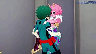 In My Hero Academia Hentai, Mina Ashido and Momo Yaoyorozu Have Intense Sex with Izuku Midoriya, Featuring Big Tits and Creampie