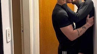 Hey, young guys caught kissing on building camera, so hot! 🔥