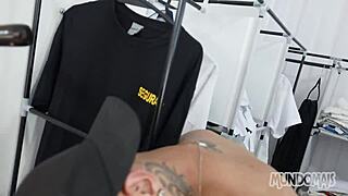 Steamy bareback 3some action inside a tight closet space