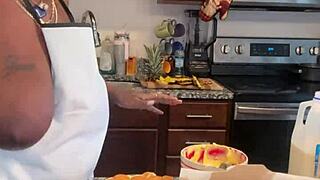 curvy ebony bbw teases with banana pudding while showing off natural tits.