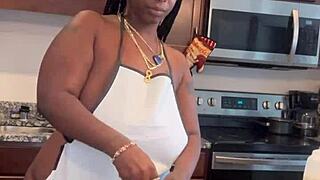 curvy ebony bbw teases with banana pudding while showing off natural tits.