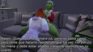 Teen bent over by old man in 3D cartoon Grinch scene