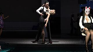 Anime babe in heels flashes upskirt legs and big tits