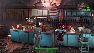 In Fallout 4, the brunette explores power armor in a cartoon game scene.