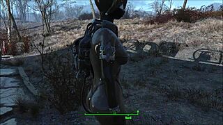 In Fallout 4, the brunette explores power armor in a cartoon game scene.