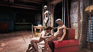 In Fallout 4, the brunette explores power armor in a cartoon game scene.