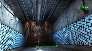 In Fallout 4, the brunette explores power armor in a cartoon game scene.