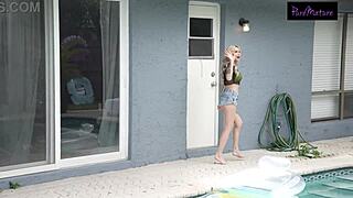 Horny milf craves pool boy’s hard cock in backyard