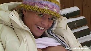 Naked beauty toys herself in snowy outdoors!