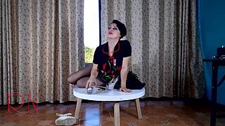 Nice Lady in Pantyhose and Heels Striptease at the Round Table 31