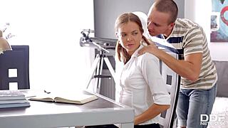 Damn! Horny Russian teen Carre gets banged doggystyle over desk!