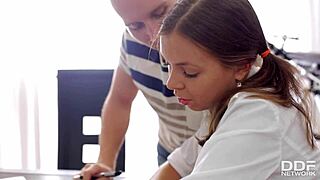 Damn! Horny Russian teen Carre gets banged doggystyle over desk!