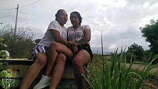 Latina gives oral pleasure in a public park setting