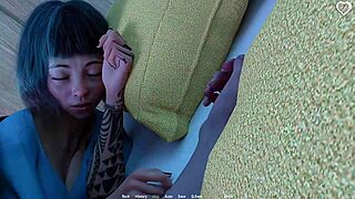 Busty brunette milf sneaks a handjob while goth girlfriend sleeps nearby