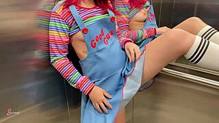 Redhead girl next door rides cowgirl for Halloween creampie in tight pussy.