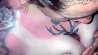 Sunburned blonde goddess with tattoos gives deepthroat blowjob in thong