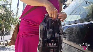 Kinky mom Nippleringlover flashes pierced nipples on public street