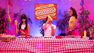 Dkye wets her strapon while dominating at a hotdog eating contest showdown.