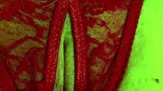 Shaved Pussy Soaked in Red Thongs!