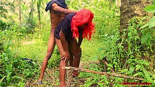 naughty college babe fucks roommate doggystyle in the bush during excursion, moaning with wet hairy pussy