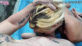 Candy and Russah enjoy a big cock threesome in the pool