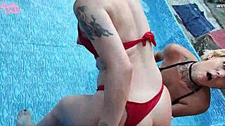 Candy and Russah enjoy a big cock threesome in the pool