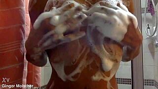 ginger moisther soapy wet nipples tits closeup belly.