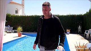 Girl bent over for pool fucking and muff diving with tight pussy