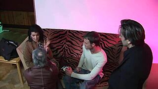 Brunette group slut gets facial cumshots.