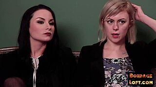 Bound booty babe is dominated in a threesome with deepthroat and cumshot