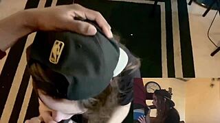 Beautiful brunette lesbian best friend gags on big cock while moaning and dirty talking for a place to stay