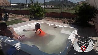 Public sex in in-laws jacuzzi blowjob doggy fuck