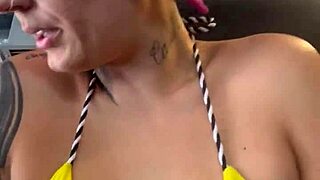 Oh! Sweaty tanned skinny babe with big tits at gym!