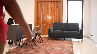 In the office, ebony woman takes long dick in big ass while boss is away