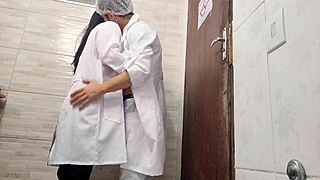 Sexy nurse joins doctor for deepthroat in hospital bathroom.